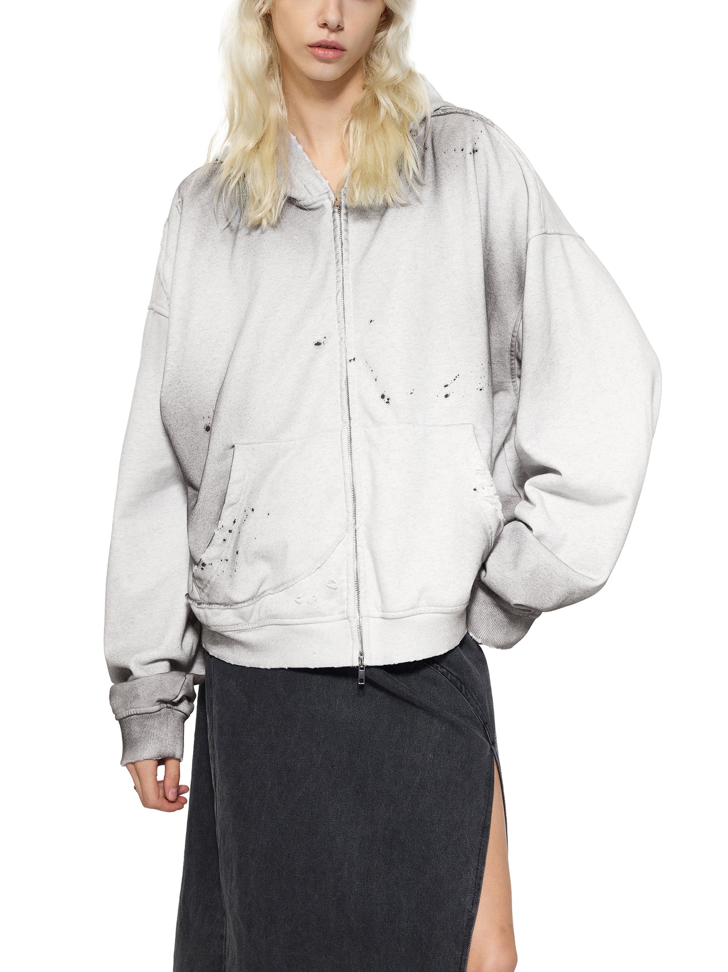 SUNFADE FRAYED RAW EDGE FLEECE ZIP HOODIE - GRAY BLUE