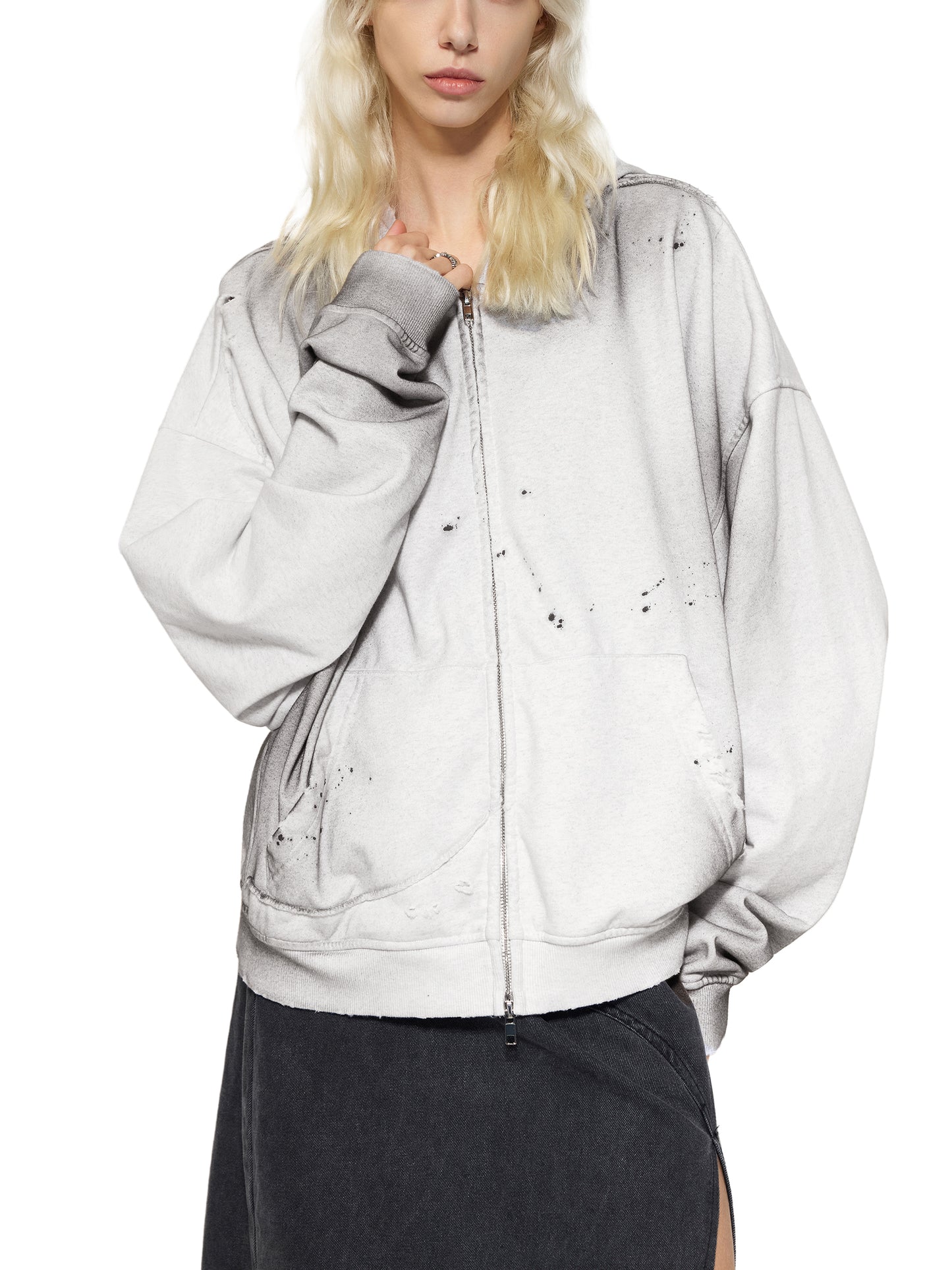 SUNFADE FRAYED RAW EDGE FLEECE ZIP HOODIE - GRAY BLUE