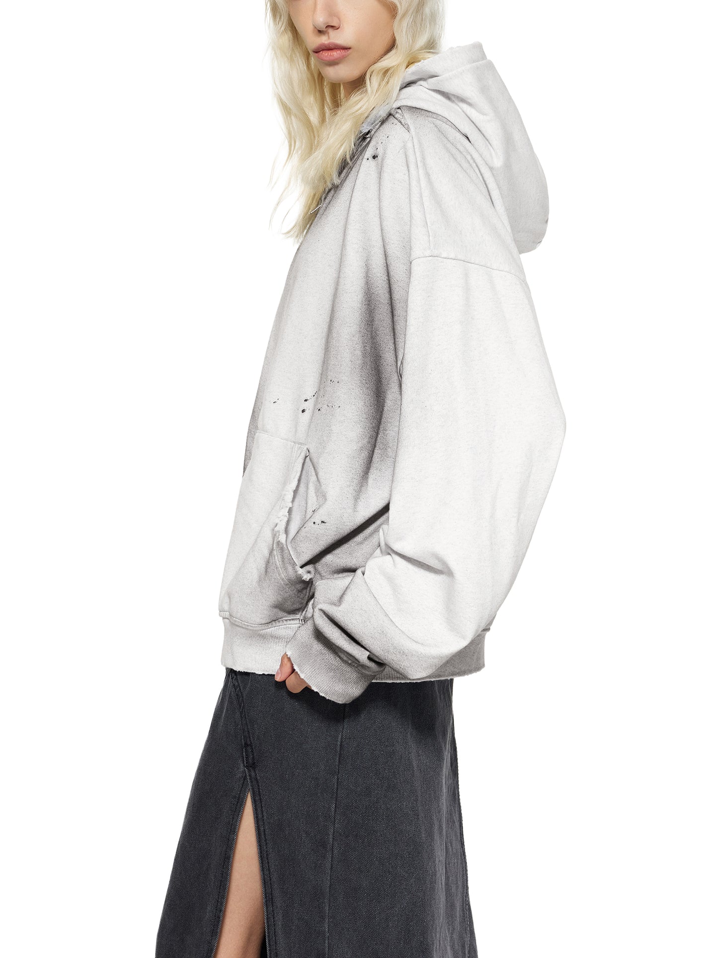 SUNFADE FRAYED RAW EDGE FLEECE ZIP HOODIE - GRAY BLUE