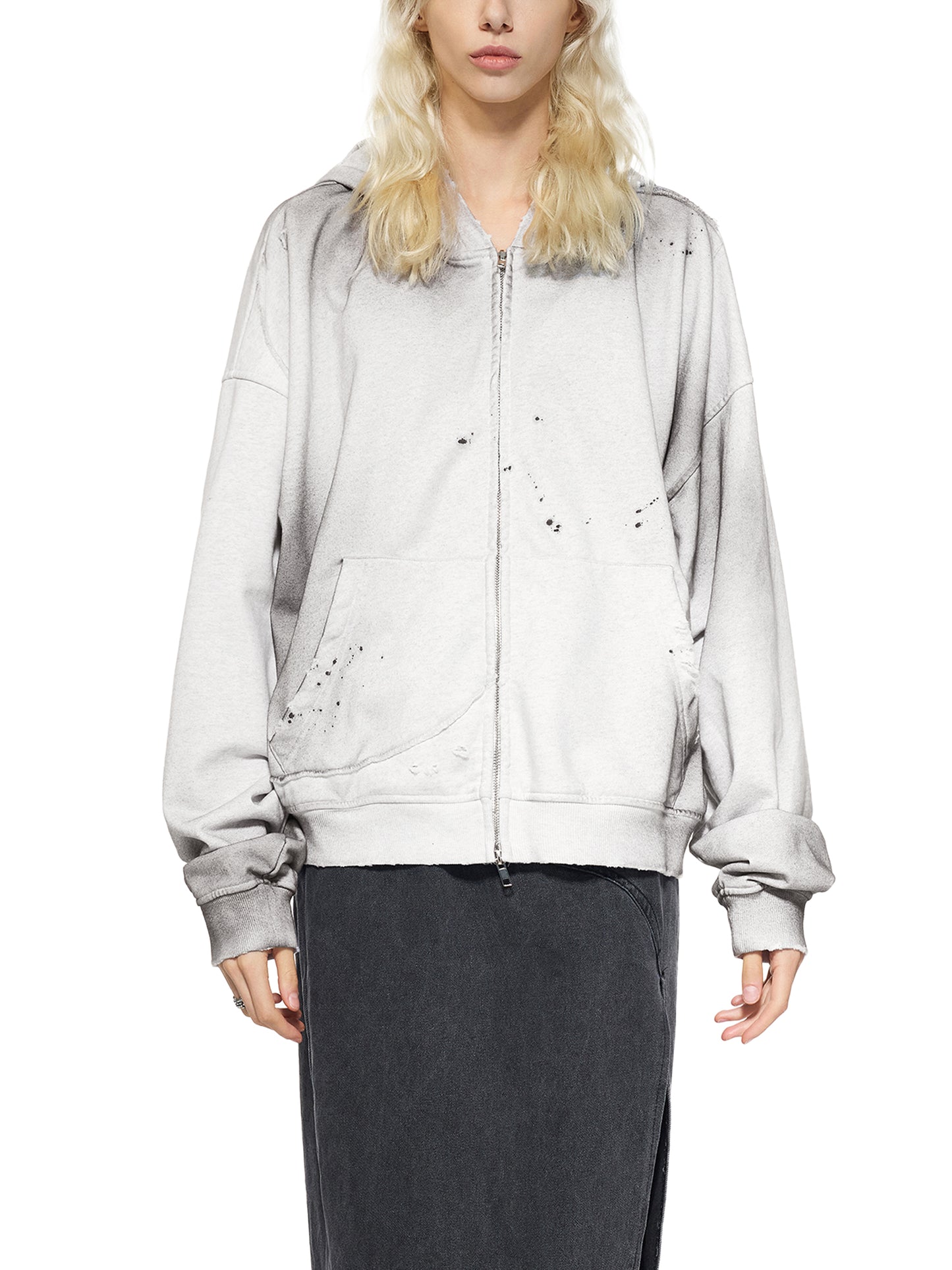 SUNFADE FRAYED RAW EDGE FLEECE ZIP HOODIE - GRAY BLUE