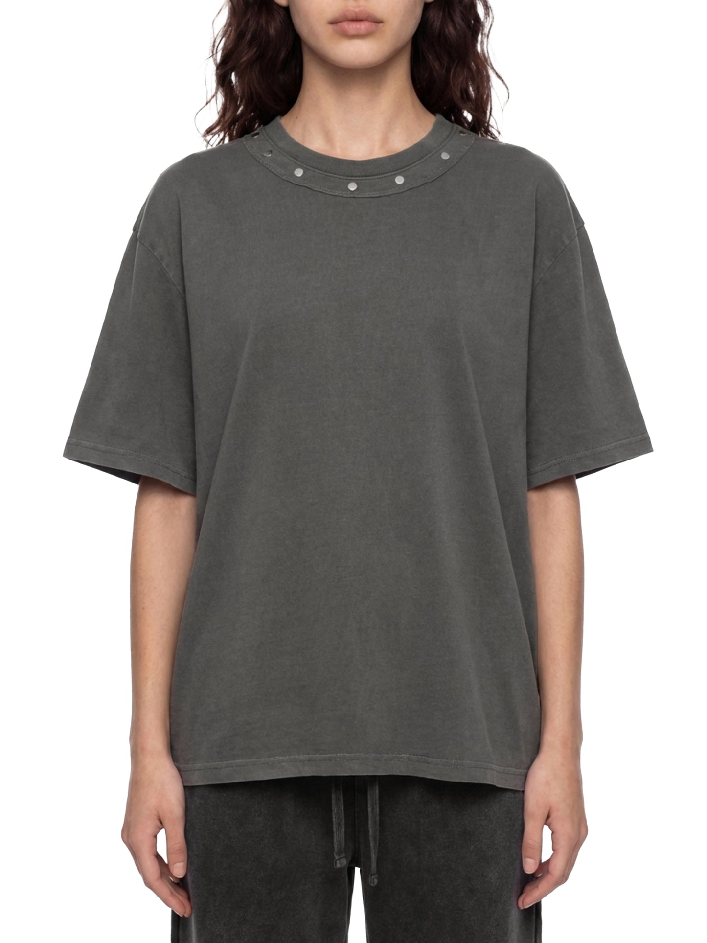 WASHED BOXY STUDDED T-SHIRT - DARK GRAY