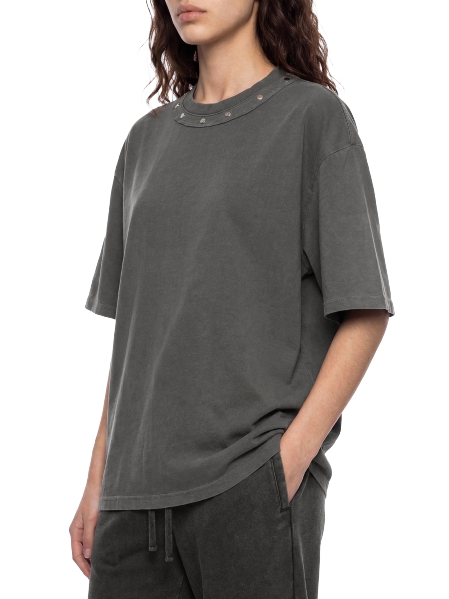WASHED BOXY STUDDED T-SHIRT - DARK GRAY