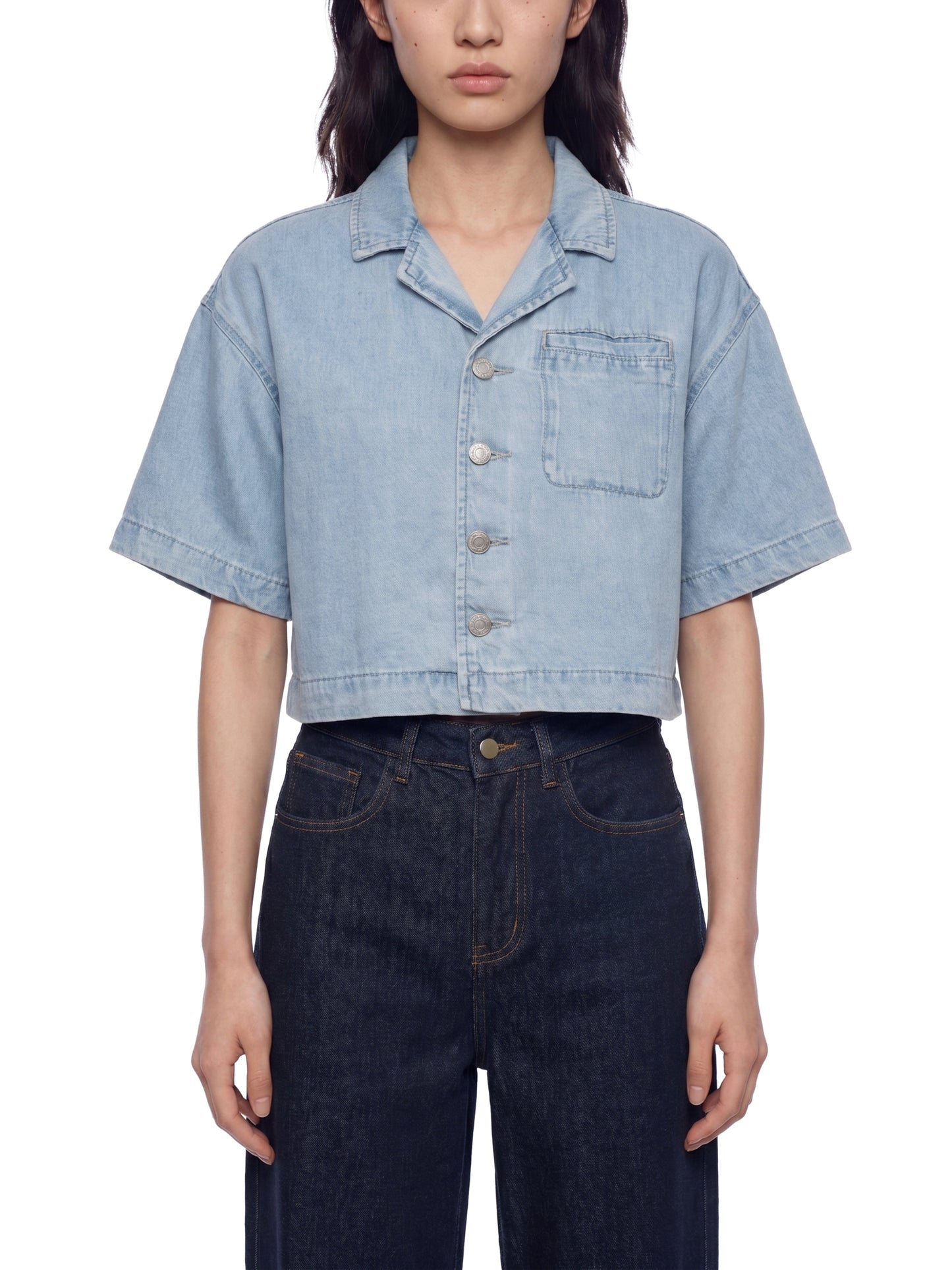 VINTAGE WASH BOXY CROPPED SHIRT - LIGHT BLUE