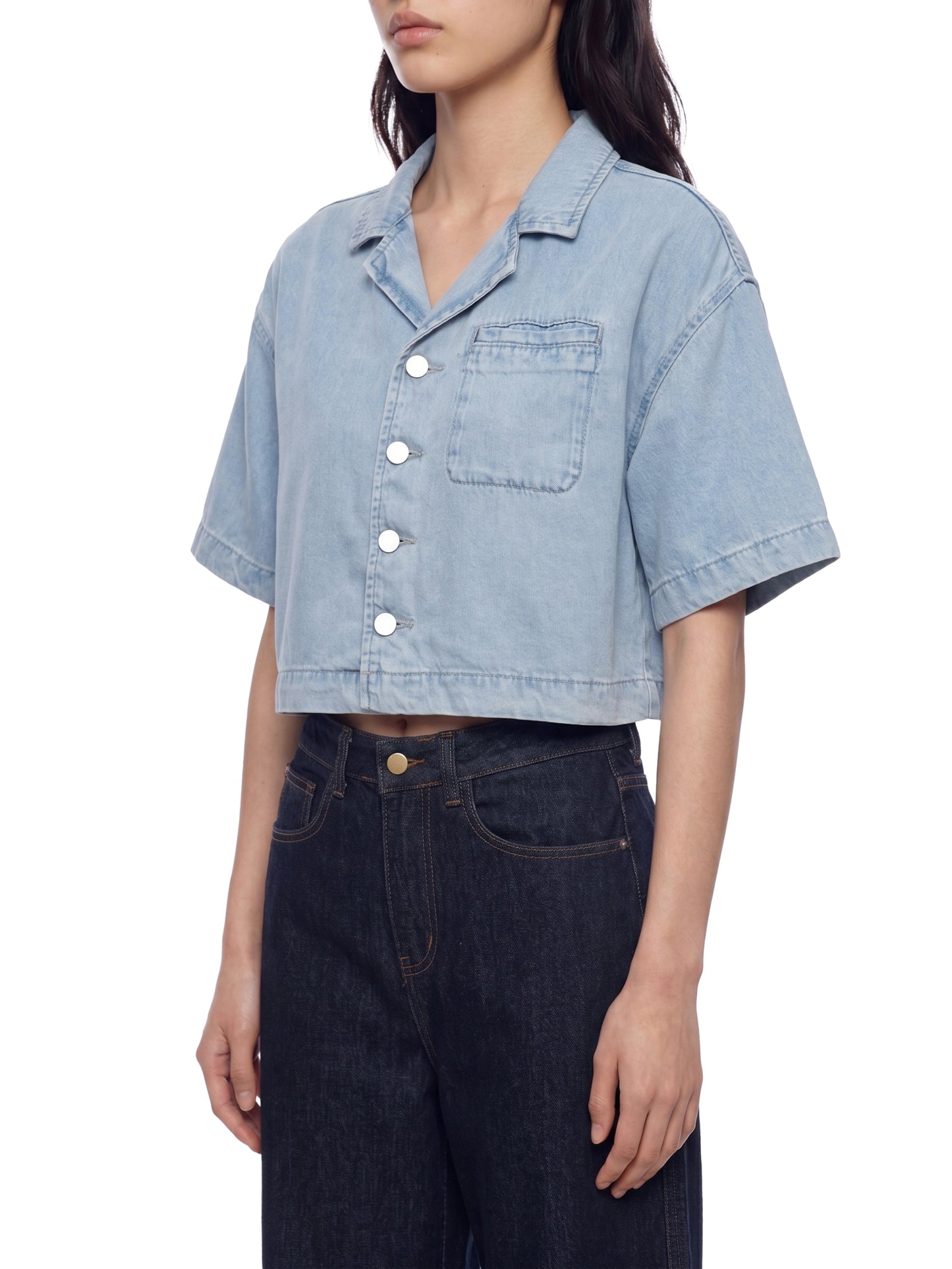 VINTAGE WASH BOXY CROPPED SHIRT - LIGHT BLUE