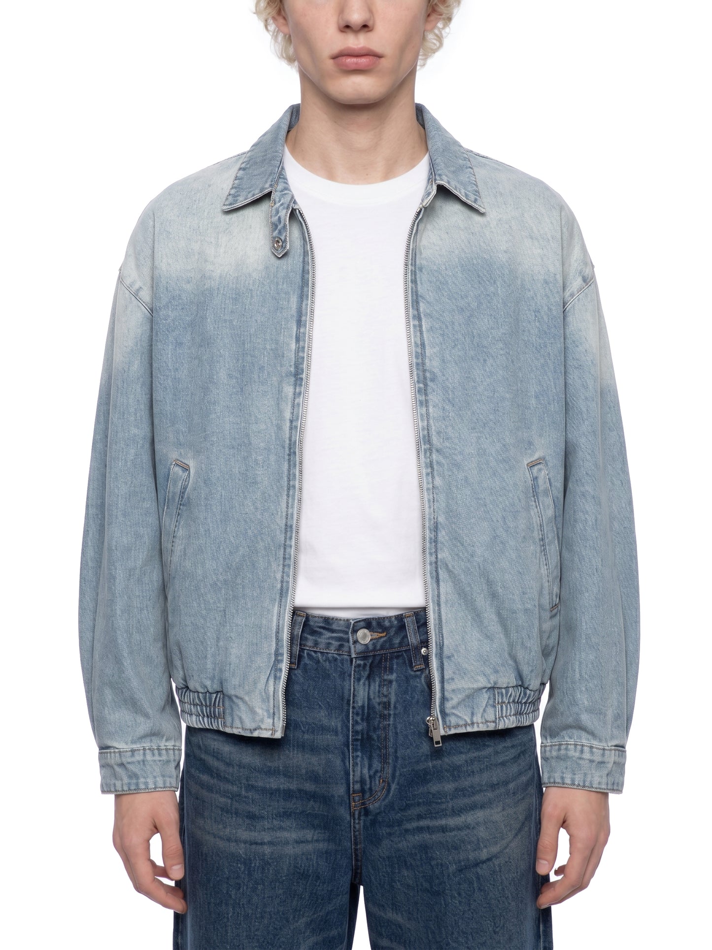 VINTAGE WASH FULL-ZIP DENIM JACKET - BLUE