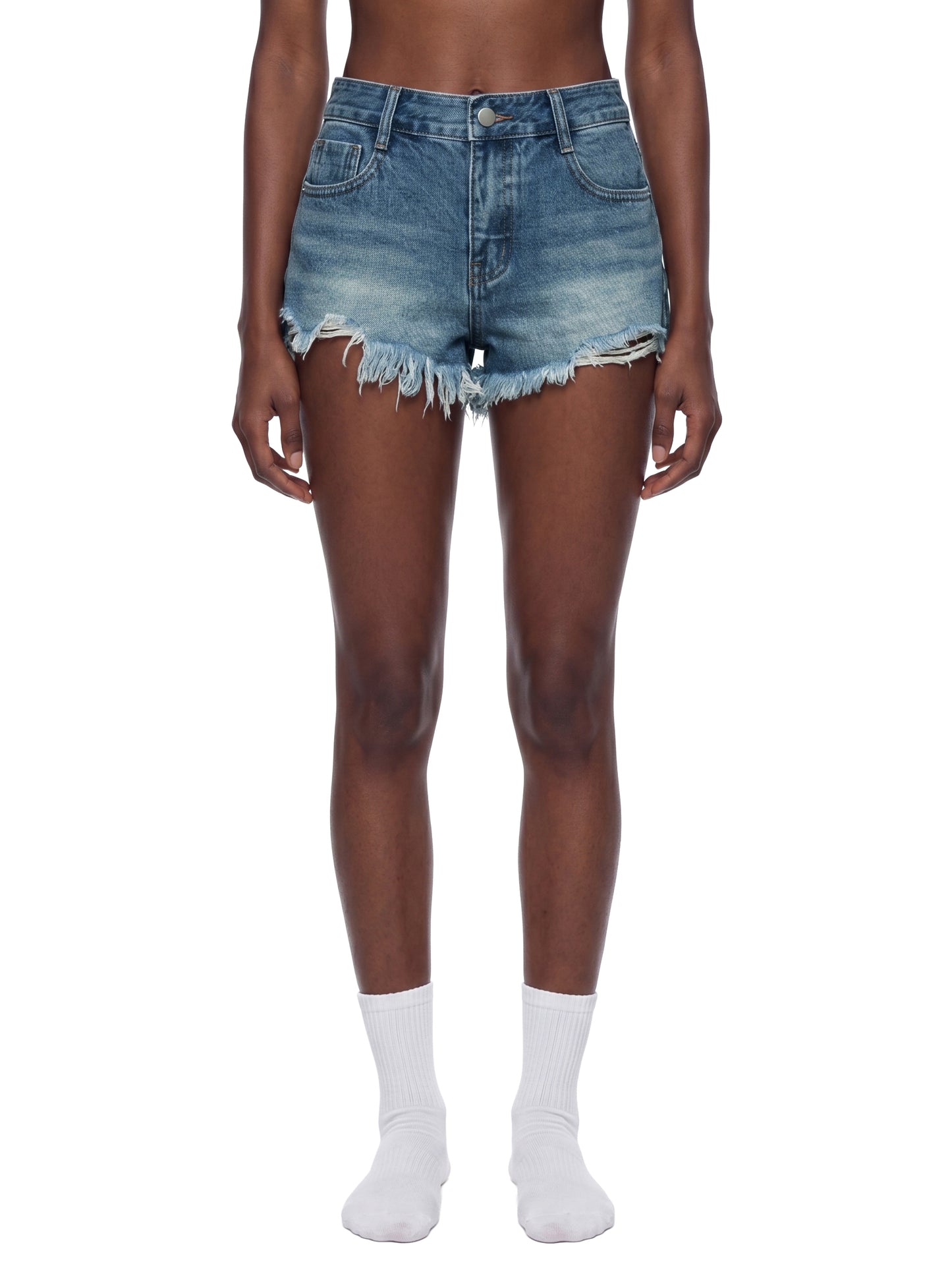 VINTAGE WASH RAW HEM DENIM SHORTS - BLUE