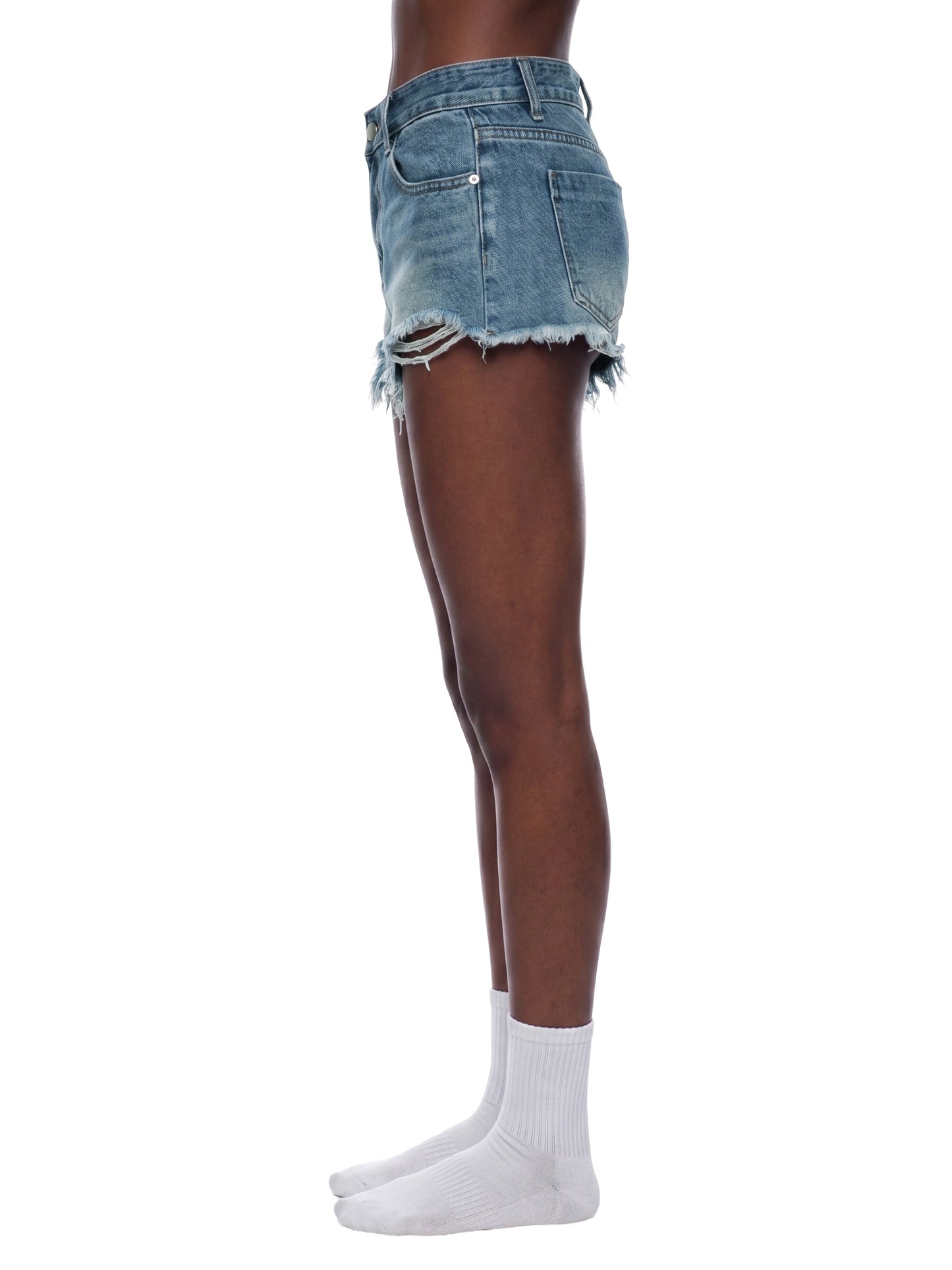 VINTAGE WASH RAW HEM DENIM SHORTS - BLUE