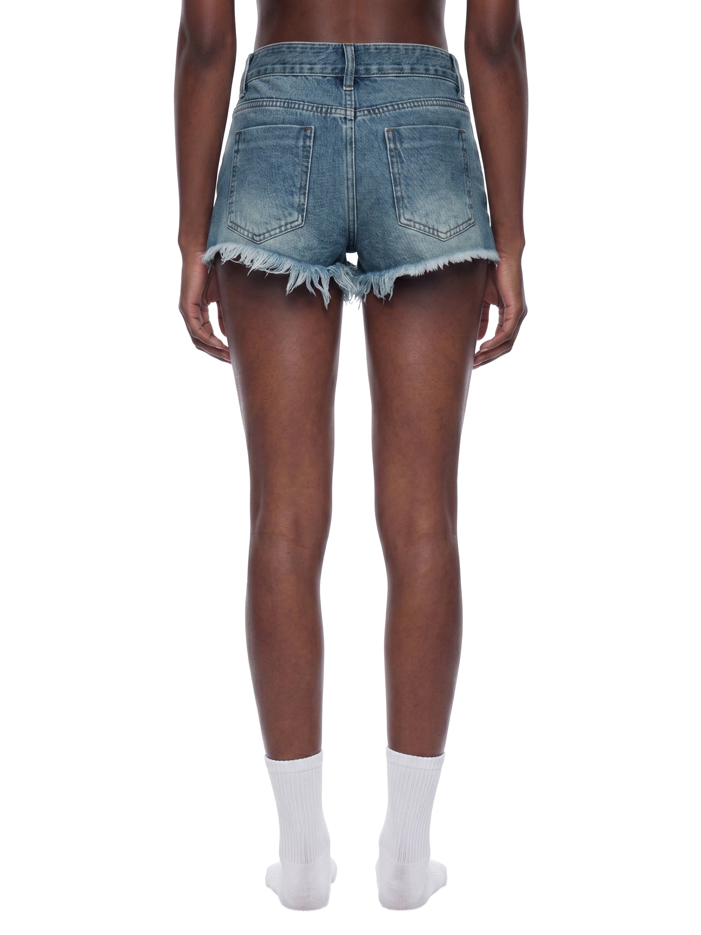 VINTAGE WASH RAW HEM DENIM SHORTS - BLUE