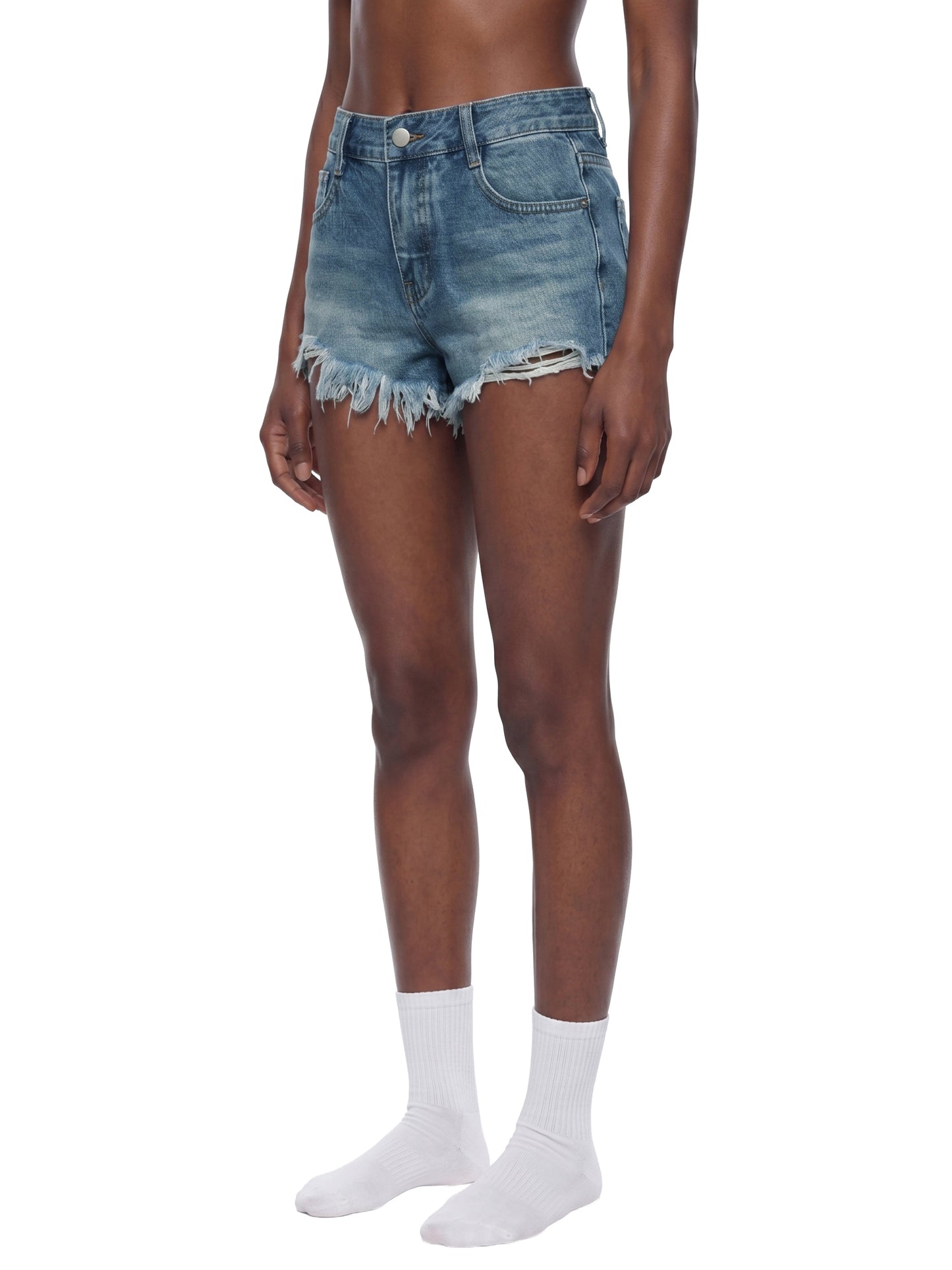 VINTAGE WASH RAW HEM DENIM SHORTS - BLUE