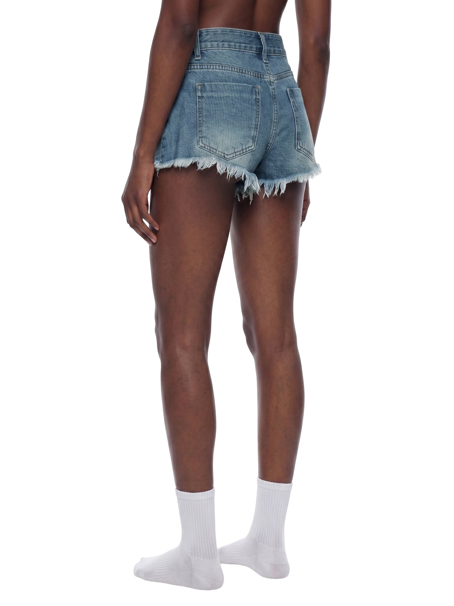 VINTAGE WASH RAW HEM DENIM SHORTS - BLUE