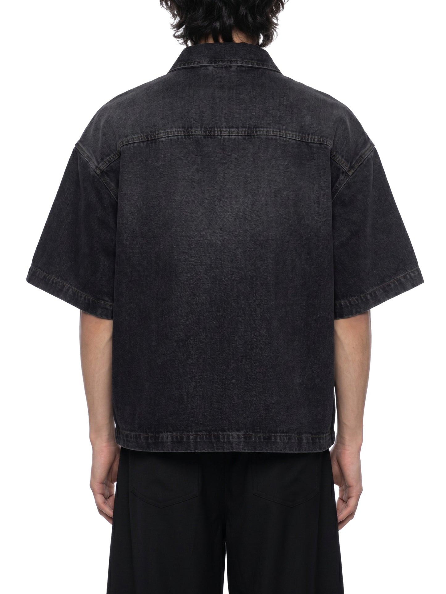 VINTAGE WASH BOXY QUARTER-ZIP DENIM SHIRT - BLACK