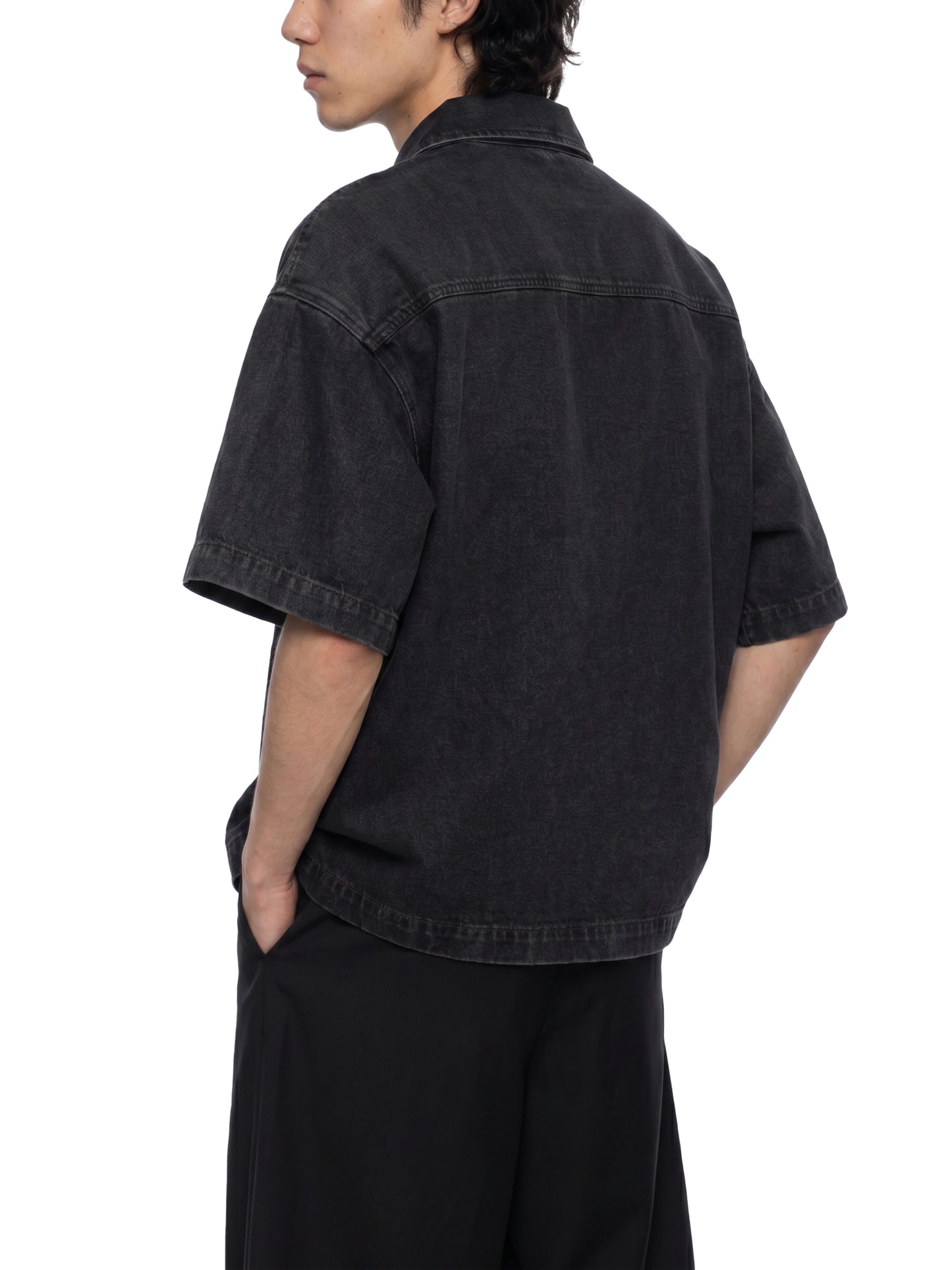 VINTAGE WASH BOXY QUARTER-ZIP DENIM SHIRT - BLACK