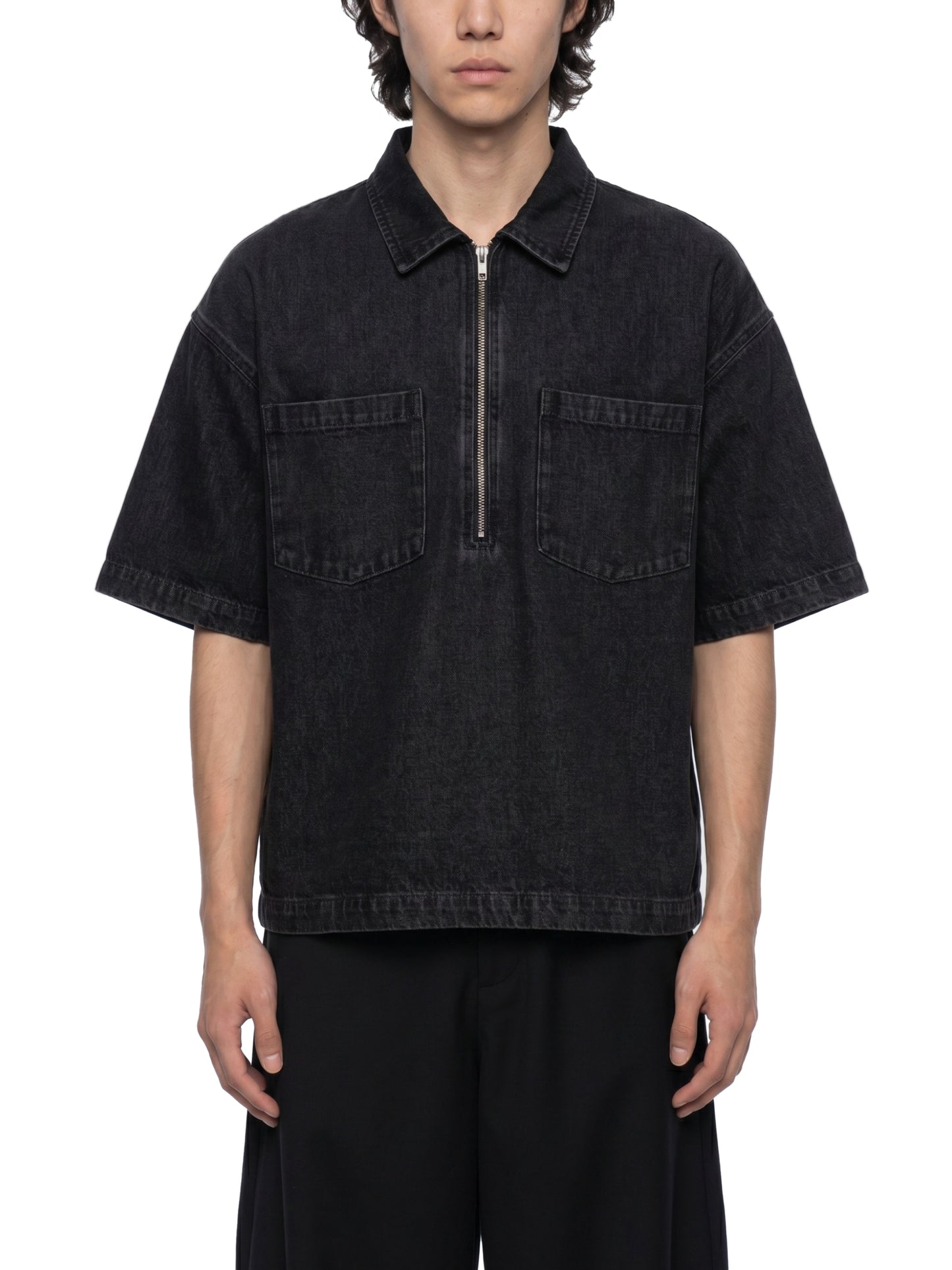 VINTAGE WASH BOXY QUARTER-ZIP DENIM SHIRT - BLACK