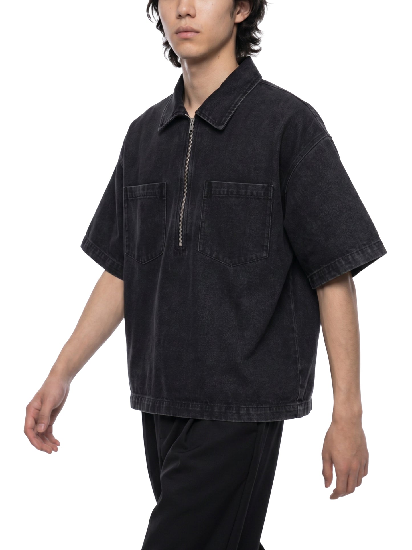 VINTAGE WASH BOXY QUARTER-ZIP DENIM SHIRT - BLACK