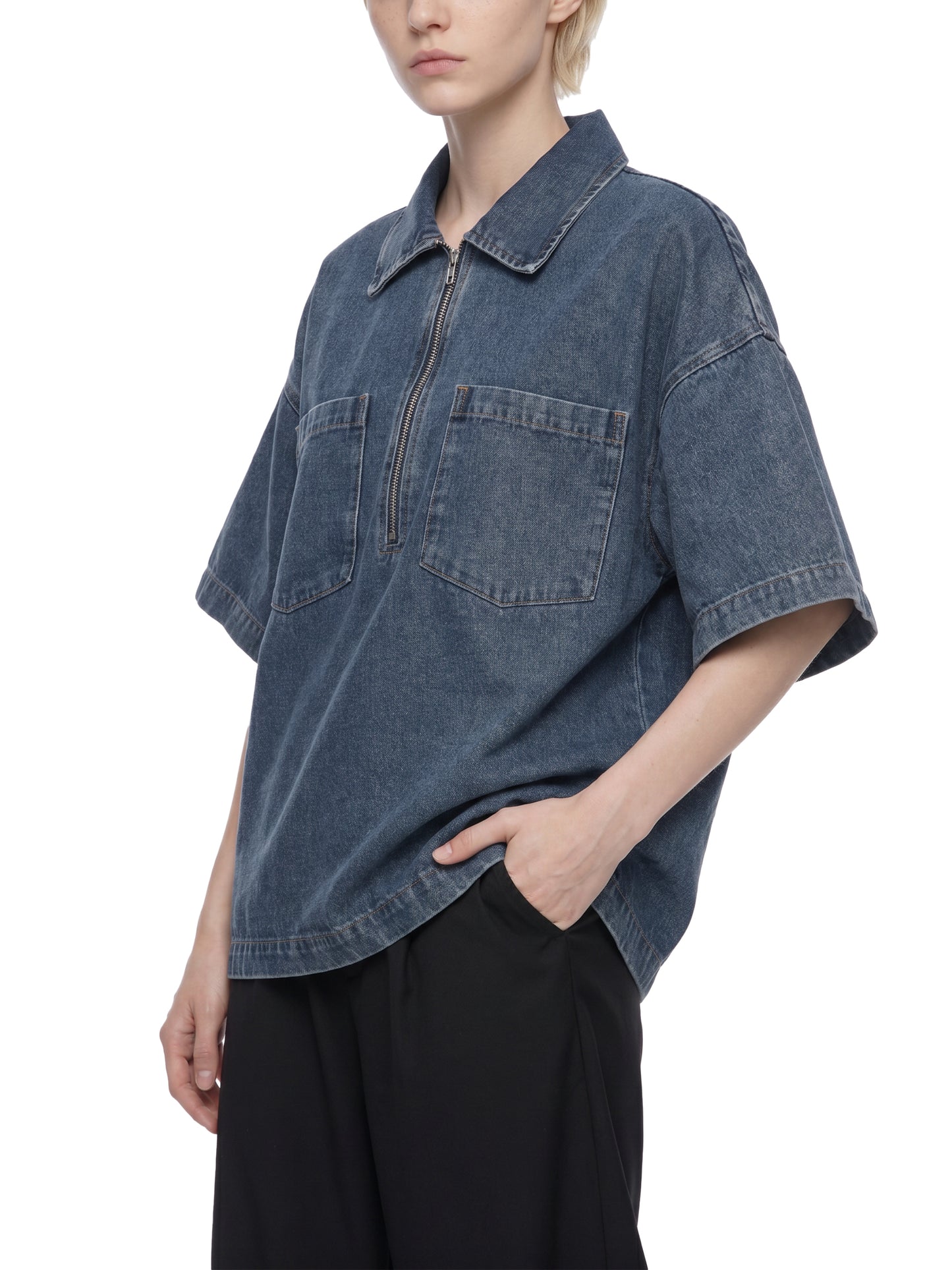 VINTAGE WASH BOXY QUARTER-ZIP DENIM SHIRT - JEANS BLUE