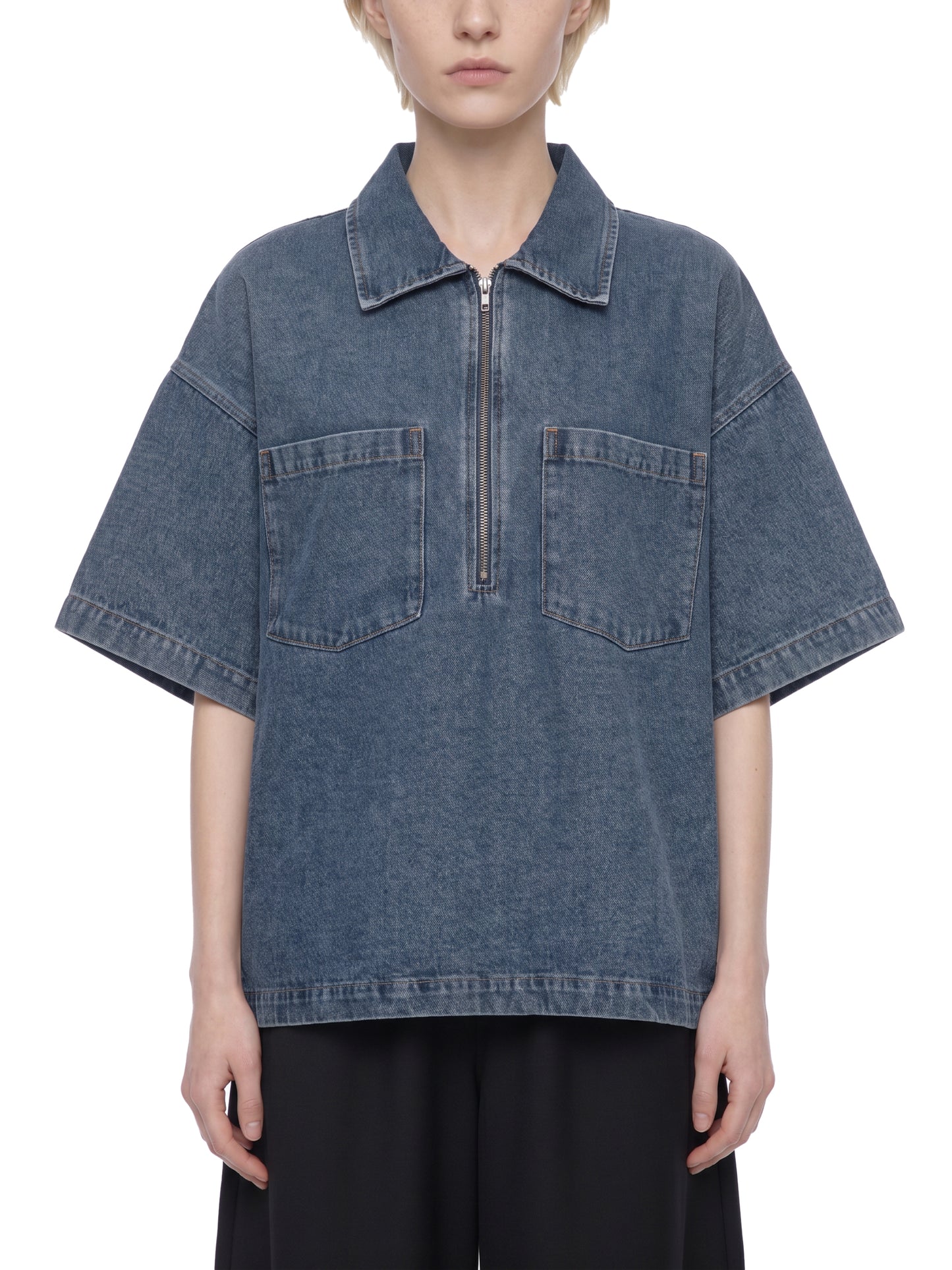 VINTAGE WASH BOXY QUARTER-ZIP DENIM SHIRT - JEANS BLUE