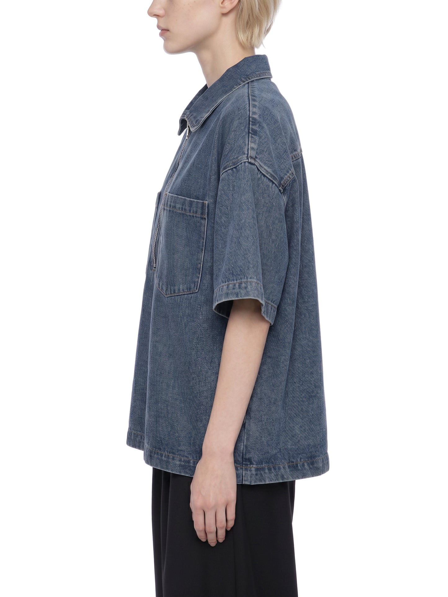 VINTAGE WASH BOXY QUARTER-ZIP DENIM SHIRT - JEANS BLUE