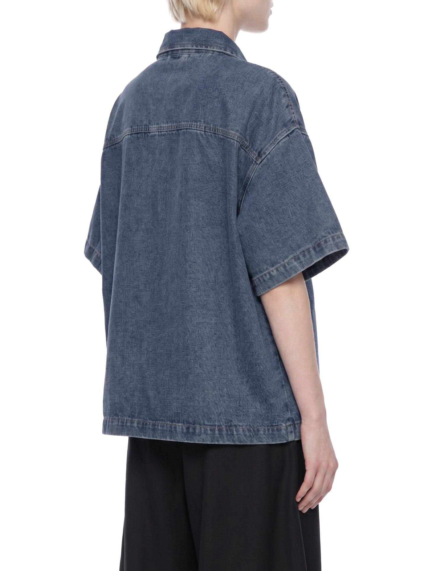 VINTAGE WASH BOXY QUARTER-ZIP DENIM SHIRT - JEANS BLUE