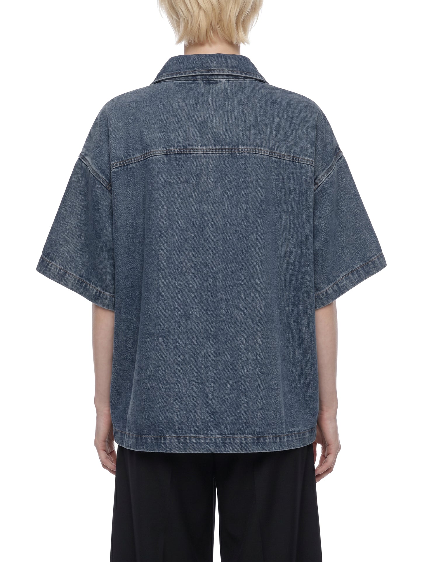 VINTAGE WASH BOXY QUARTER-ZIP DENIM SHIRT - JEANS BLUE
