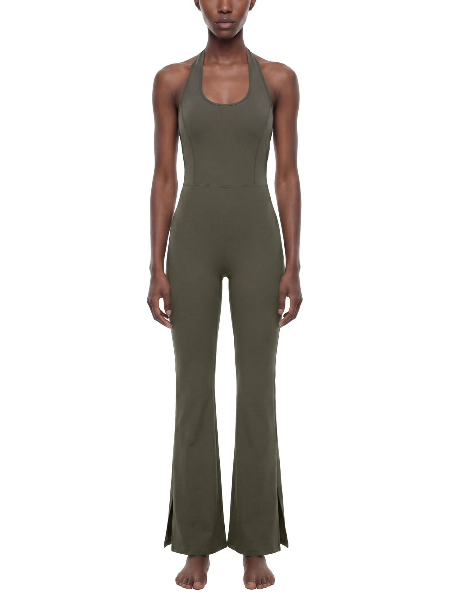 HALTER FLARED JUMPSUIT - ARMY GREEN