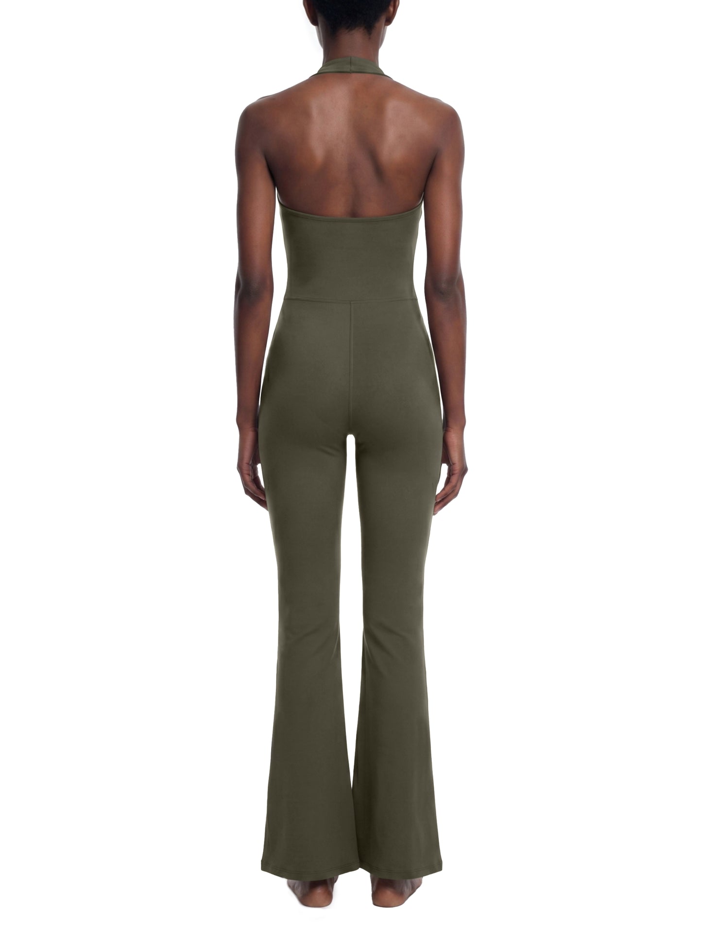 HALTER FLARED JUMPSUIT - ARMY GREEN