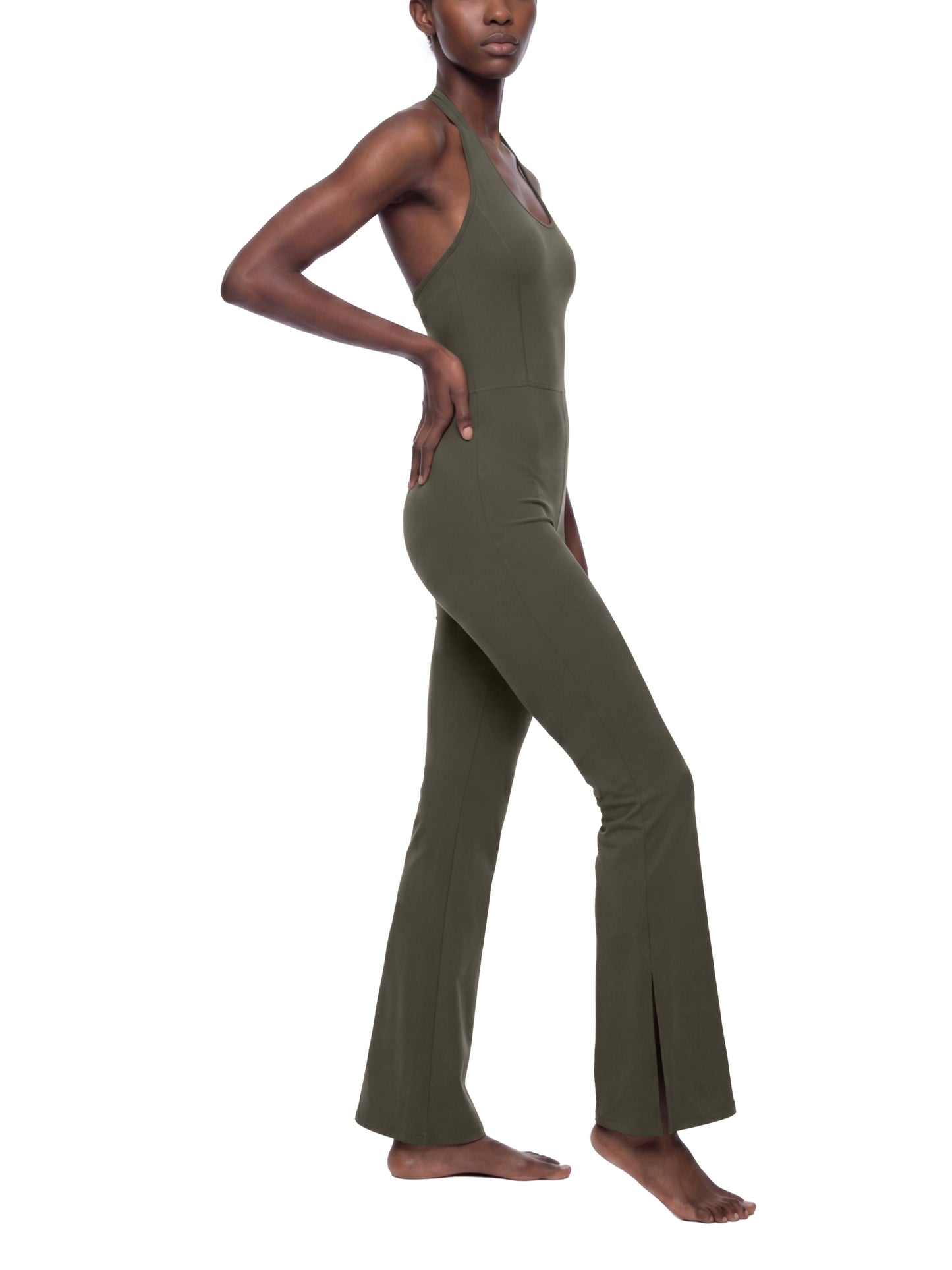 HALTER FLARED JUMPSUIT - ARMY GREEN