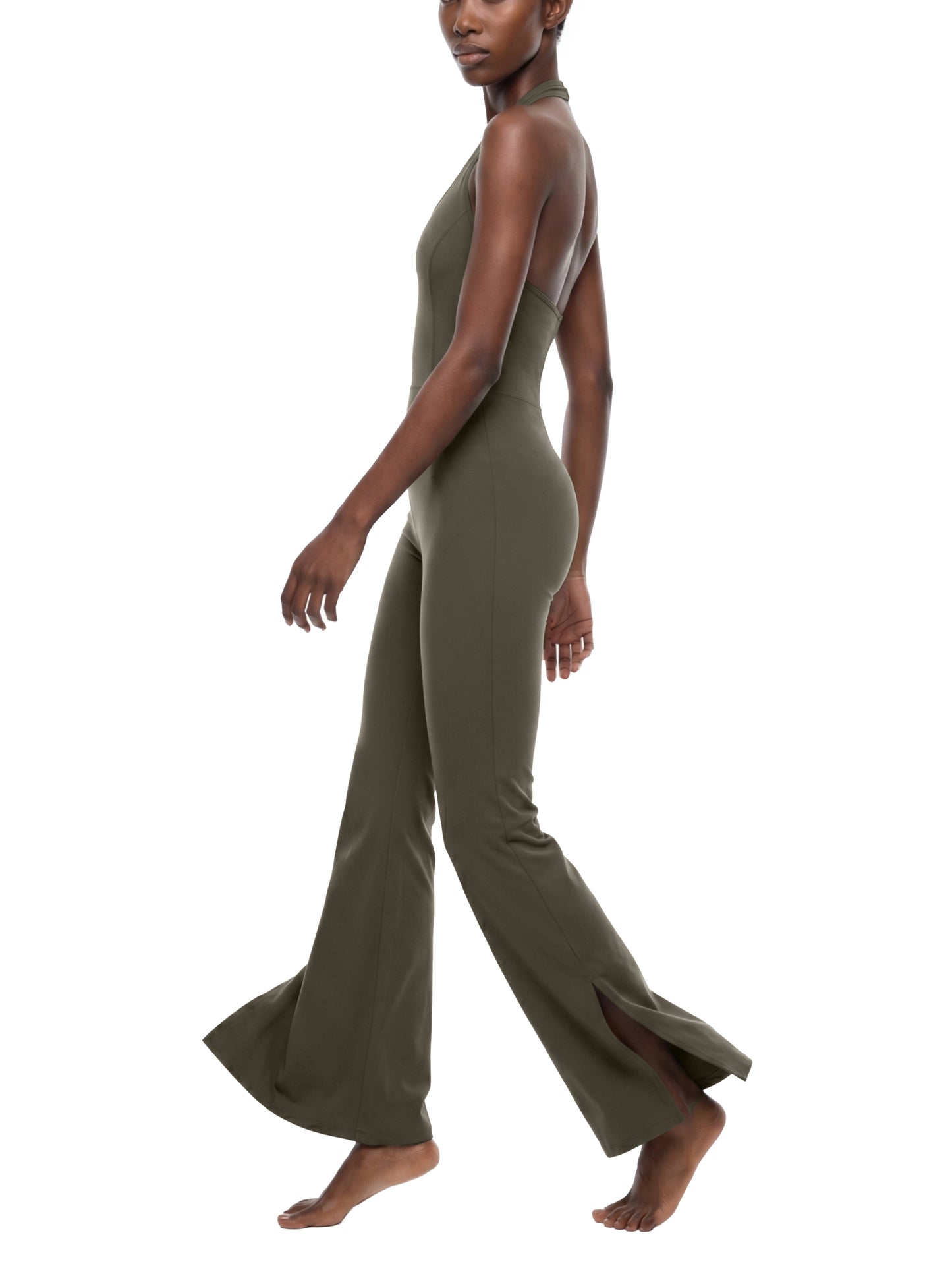HALTER FLARED JUMPSUIT - ARMY GREEN