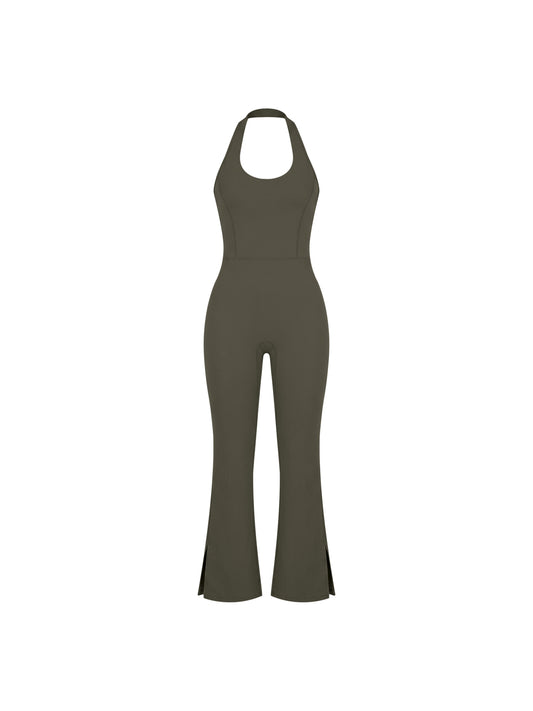 HALTER FLARED JUMPSUIT - ARMY GREEN